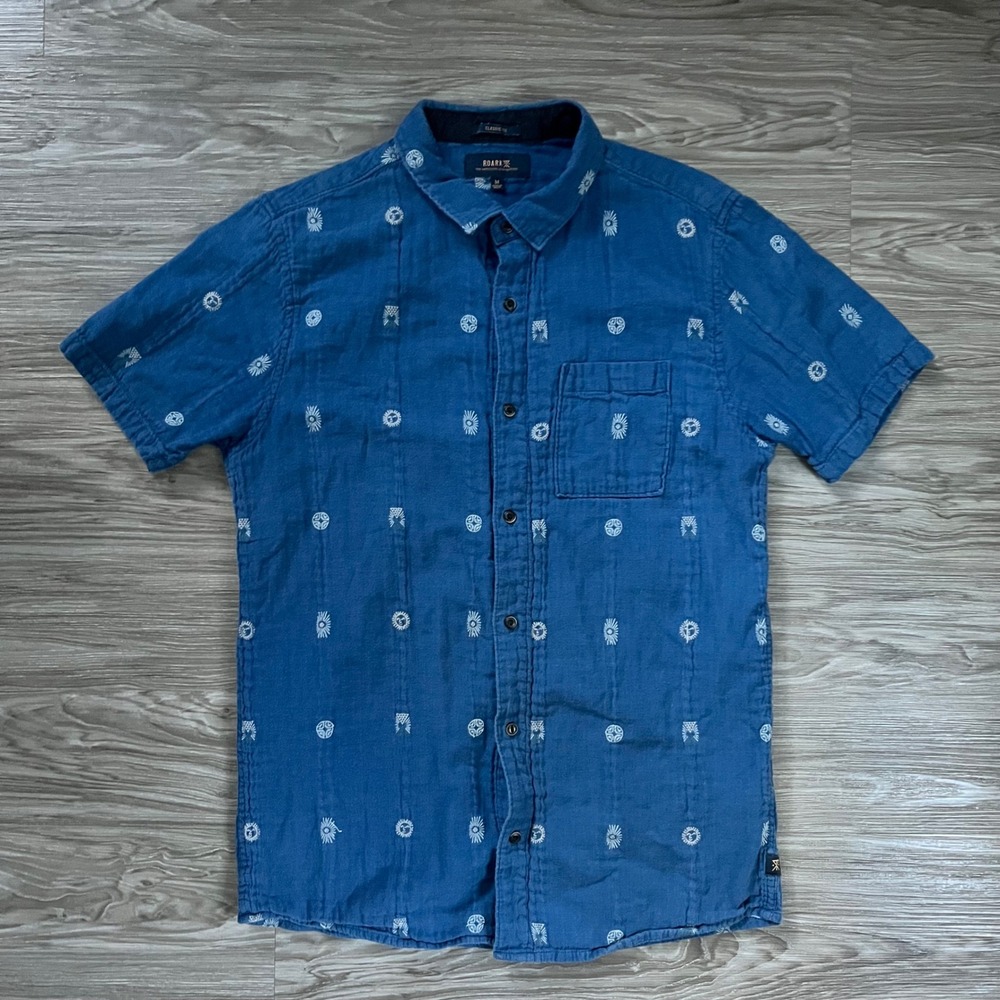Roark Revival Mens Blue Embroidered Short Sleeve Button Down Shirt Medium